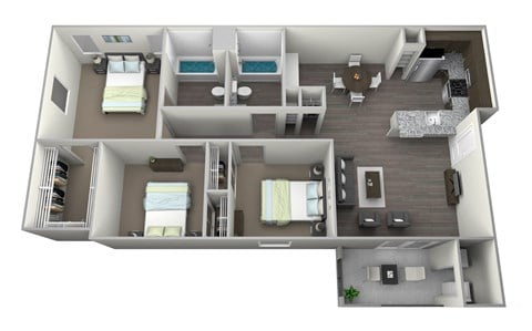 a floor plan of a 1 bedroom apartment with 2 bathrooms and a balcony